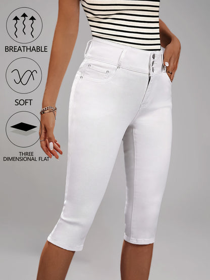 [High-Waisted Stretch Capri] Women's Deep Red High-Waisted Stretch Capri Pants Triple Row Button Fly with Metal Rivet Accents Booty Lifting Design 7/8 Length Cropped Jeans High Elasticity Soft Comfortable Machine Washable Versatile Wardrobe Essential for