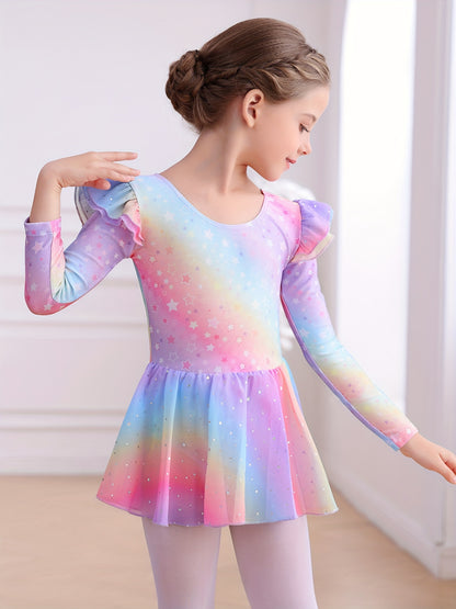 Easter Girl Clothes, Girls' Clothing, Girls' Dance Dress, Autumn And Winter Long-sleeve New Rainbow Star Pattern Tulle Dress, Sweet And Cute Sequin Chiffon Dress, Children's Ballet Dress, Leotard Tulle Dress