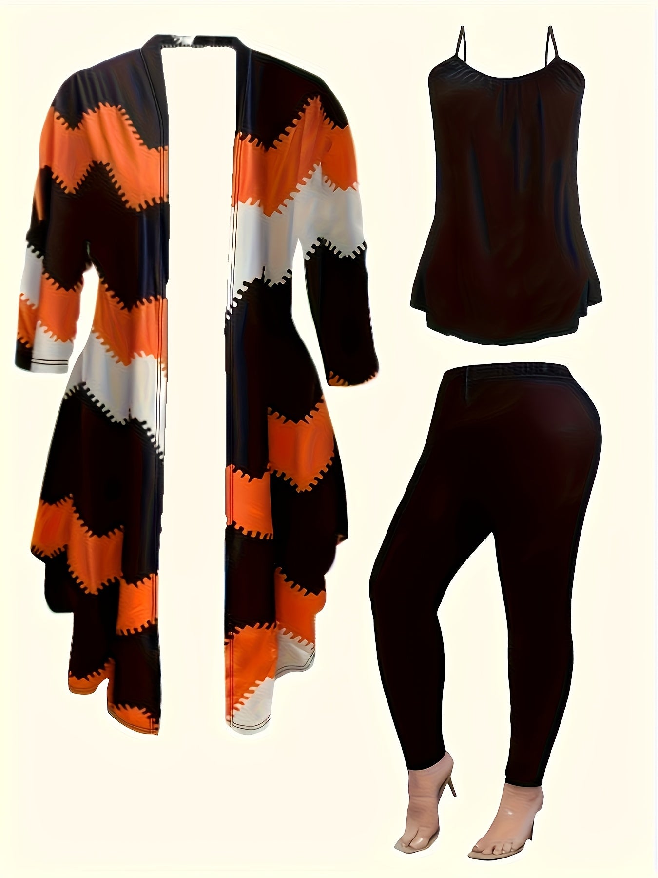 [Printed Cardigan Set] Women's 3pcs Set, Printed Cardigan Jacket Paired with Solid Color Casual Pants Vest Daily Set