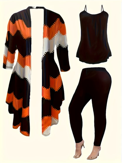[Printed Cardigan Set] Women's 3pcs Set, Printed Cardigan Jacket Paired with Solid Color Casual Pants Vest Daily Set