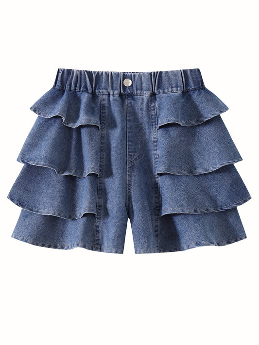 Lightweight And Soft Comfy Ruffle Trim Denim Culottes Skort Shorts - Loose Fit, Non-Stretch, Solid Color, Woven with Elastic Closure - Ideal for Summer Parties, Casual Wear, And Outdoor Activities - Ages 4 to 14, for Outdoor