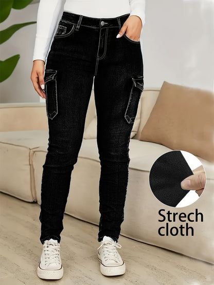 Plus Size - Women'S Plus Size High-Waist Stretchy Skinny Jeans with Pockets - Dark Blue Casual Tight Pants, Comfortable And Stylish for Casual Attire, High Waisted Jeans, Comfortable Clothing, Minimalist Design, Smooth Texture