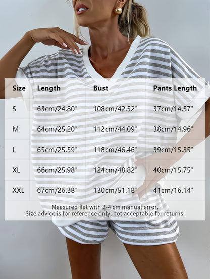 Women'S 2pcs Striped Lounge Set Short Sleeve V-Neck Top And High-Waist Shorts, Casual Athletic Sleepwear Outfit, Summer Sportswear