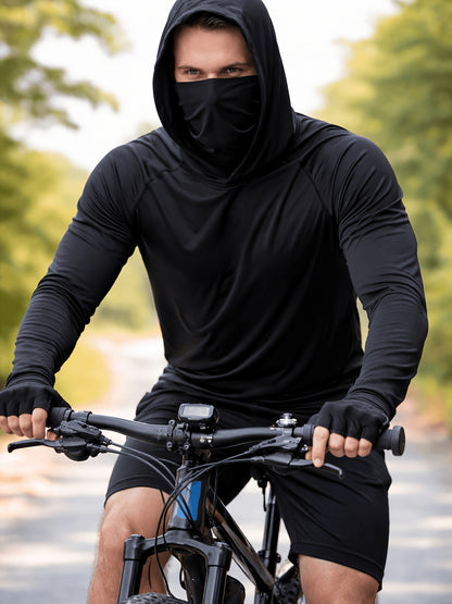 3pcs Men's Premium Hooded Shirts with Mask, UPF 50+ Sunblock & Advanced Breathability, Built-in Face Cover Neck Gaiter Tops for Fishing, Sail, Boat, Hike, Cycle, Run, Camp, Beach, Travel, Safari, Outdoor