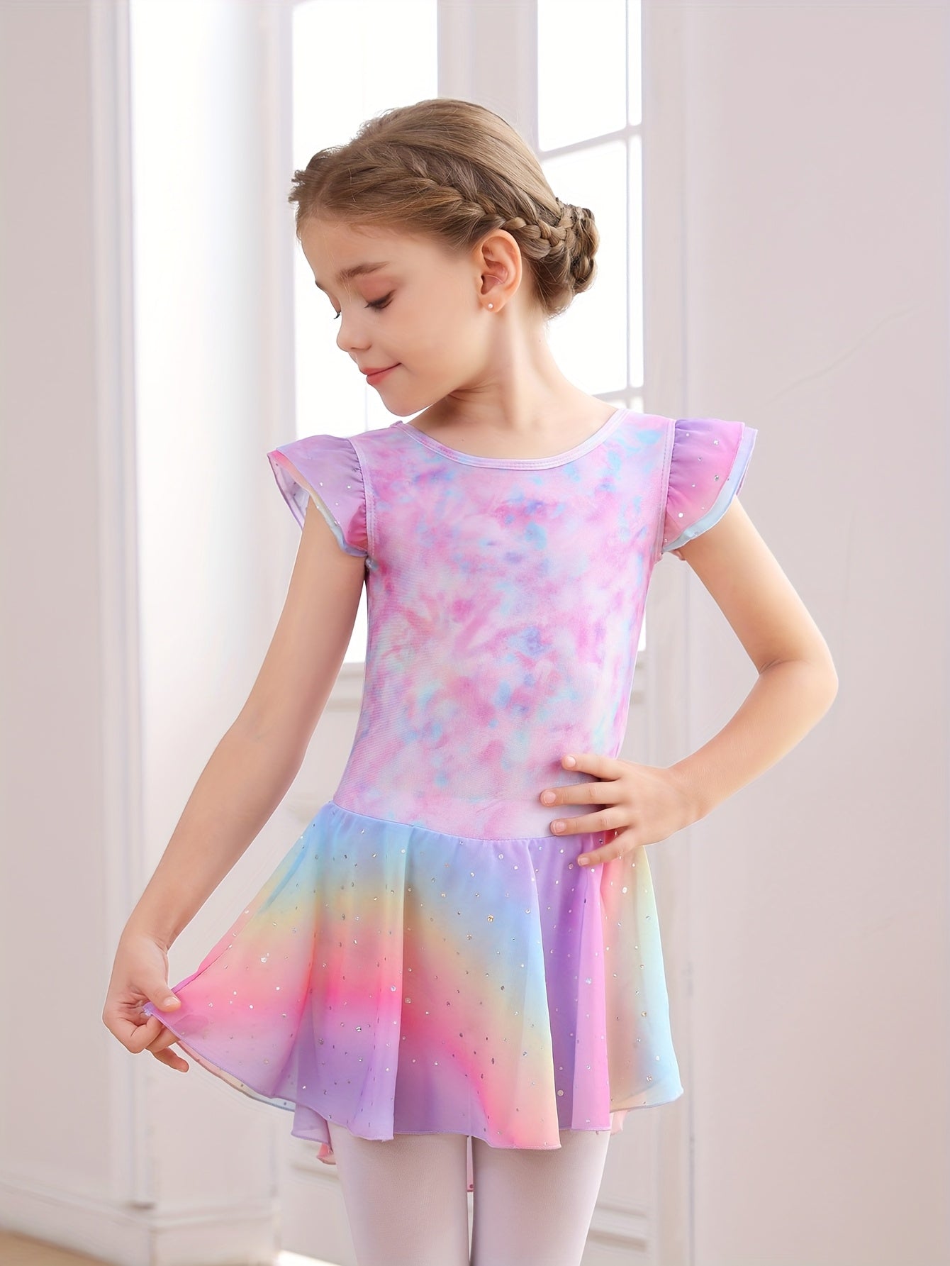 Christmas Girl's Clothes; Children's Dance Dress; Girl's Summer Dress; New Butterfly Pattern Rainbow Round Light Sequin Skirt; Children's Dress; Ballet Leotard; Gymnastics Suit.