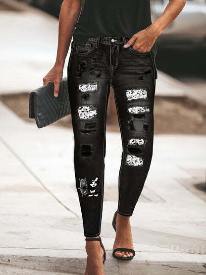 Plus Size Women's High-Waisted Distressed Washed Patchwork Jeans | Pink Leopard Print Patches & Rips | Slim Fit, Unique Fashion Design | Versatile for All Seasons