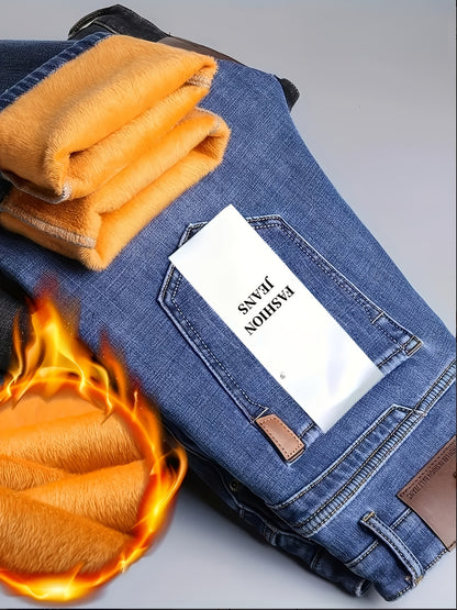 Composite Lining Lambskin Thickened Men'S Jeans, Winter Style, Strong Warmth Retention, Good Wind And Cold Resistance, Washable Classic Blue, Thickened Men'S Denim Long Pants for Autumn And Winter