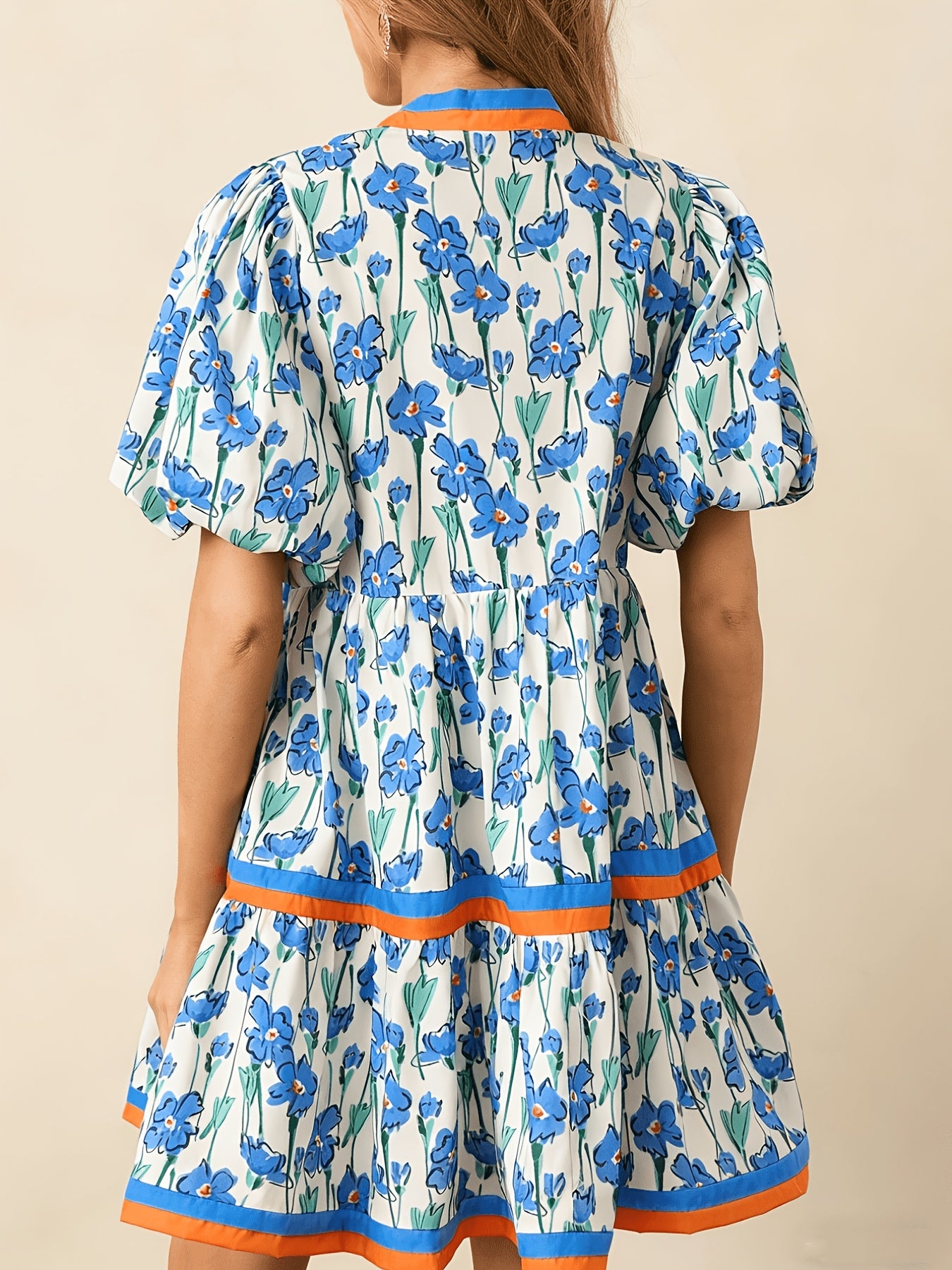 Women'S Summer Floral Mini Dress, Puff Sleeve Short Sleeve V-Neck Loose Bohemian Style Beach Dress, Floral Print