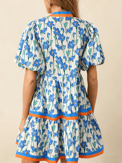 Women'S Summer Floral Mini Dress, Puff Sleeve Short Sleeve V-Neck Loose Bohemian Style Beach Dress, Floral Print