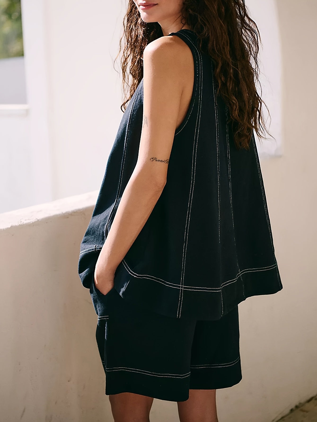 Womens 2pcs Outfits Sleeveless Matching Sets A Line Tank Tops Contrast Stitching High Waist Shorts with Pockets