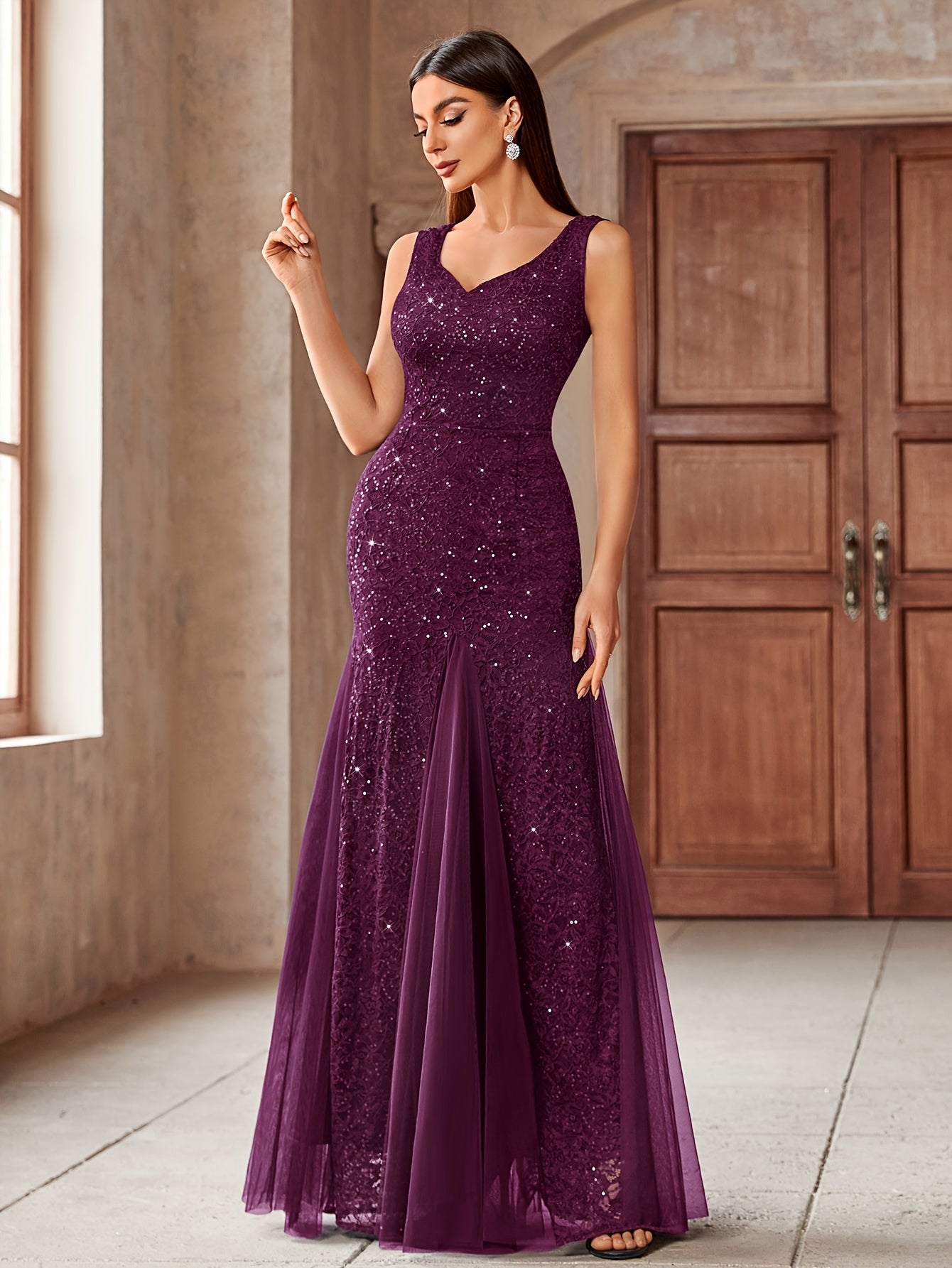 23218 Elegant Women's Sequin Lace Long Evening Bridesmaid Dress, Sweetheart Neckline Sleeveless Design with Slit Tulle Mermaid Hem, Perfect for Formal Wedding Party