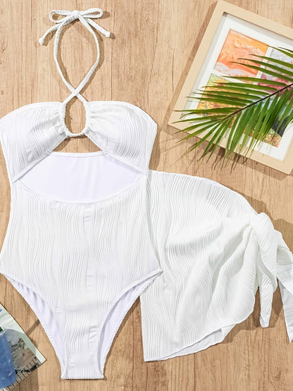 Women's One-Piece Swimsuit - Solid Color Halter Neck Tummy Control