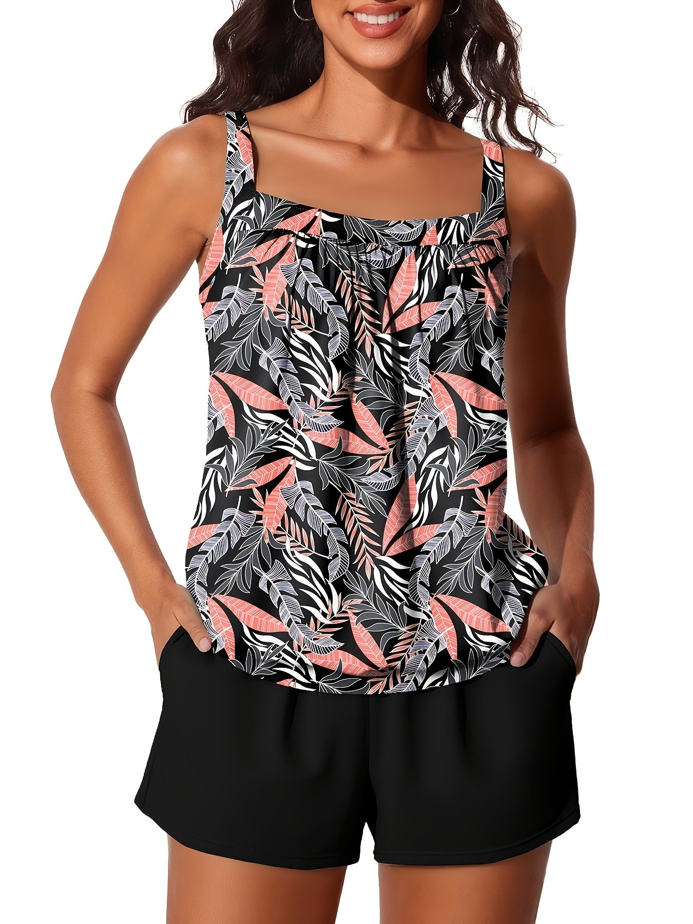 Modest Tummy Control Blouson Women'S Tankini Swimsuits Bathing Suits Swim Shorts With Pockets For Beach