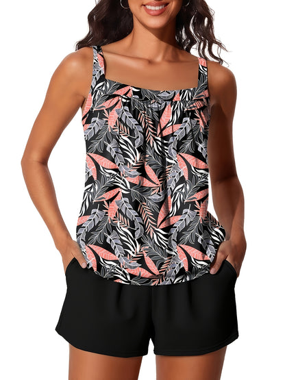 Modest Tummy Control Blouson Women'S Tankini Swimsuits Bathing Suits Swim Shorts With Pockets For Beach