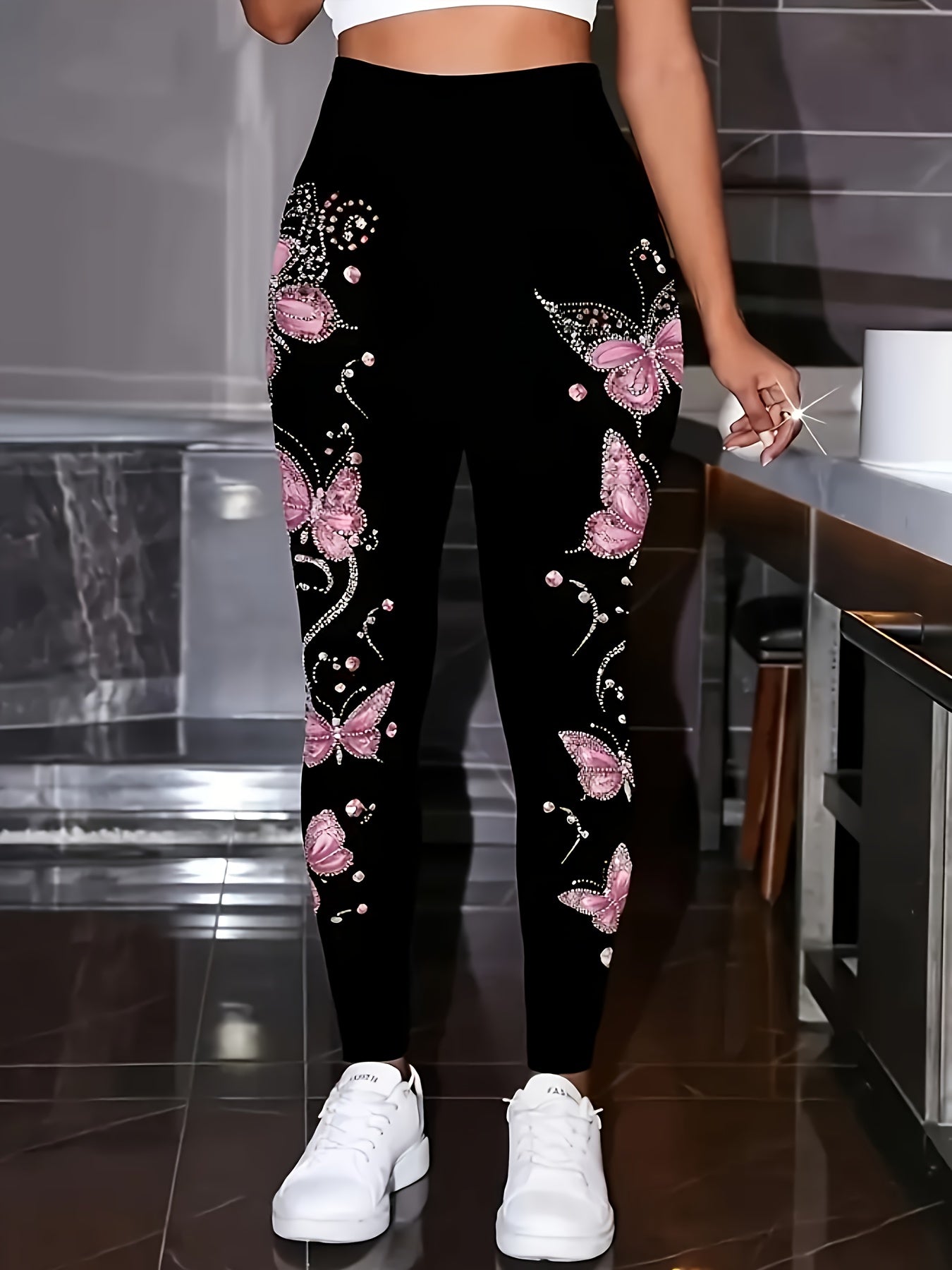 Plus Size, Plus Size - Women's Plus Size Elegant Pants - Stretchy Non - See - Through Leggings with Black & Pink Butterfly Print, All-Season Formal & Casual Pants for Everyday, Parties, Office - Non-Transparent Trousers for Women.