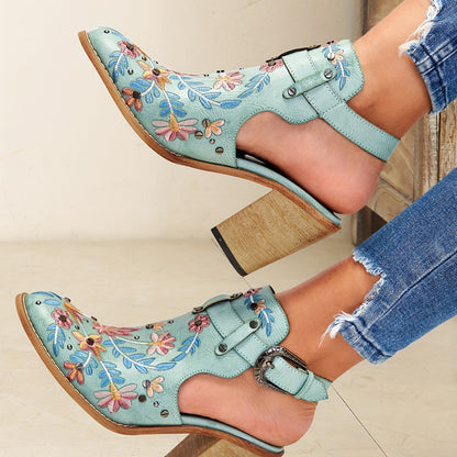 2025 New Women's Chunky Heel Ankle Boots, Pointed Toe Floral Vintage Style with Comfortable Open Back Strap, Women Shoes