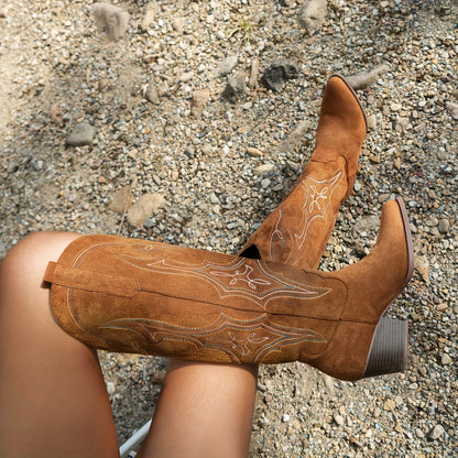 Women's Retro Western Embroidered Cowboy Boots - Slip-On Chunky High Heel, Pointed Toe & Geometric Stitching, Breathable Fabric Upper & TPR Sole for Casual All-Season Wear, Everyday Footwear, Vintage Style, Stylish Embroidery, Trend Followers