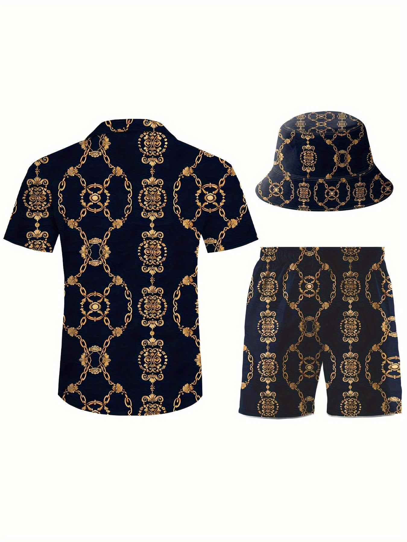 Men's 3pcs retro Outfit beach set, Golden chains sportswear, Hawaiian sportswear set, shirt beach shorts and fisherman hat Bucket Hat