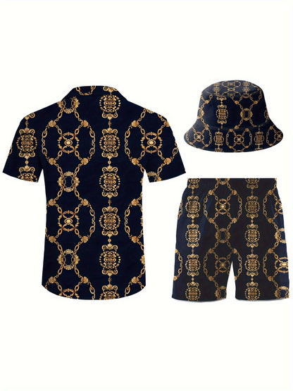 Men's 3pcs retro Outfit beach set, Golden chains sportswear, Hawaiian sportswear set, shirt beach shorts and fisherman hat Bucket Hat