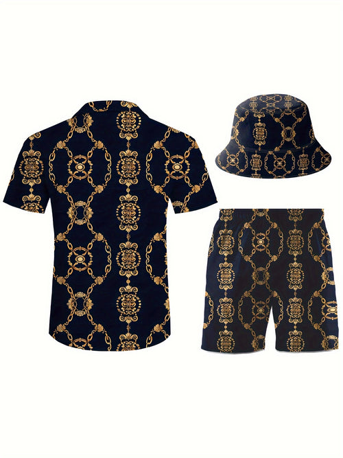 Men's 3pcs retro Outfit beach set, Golden chains sportswear, Hawaiian sportswear set, shirt beach shorts and fisherman hat Bucket Hat