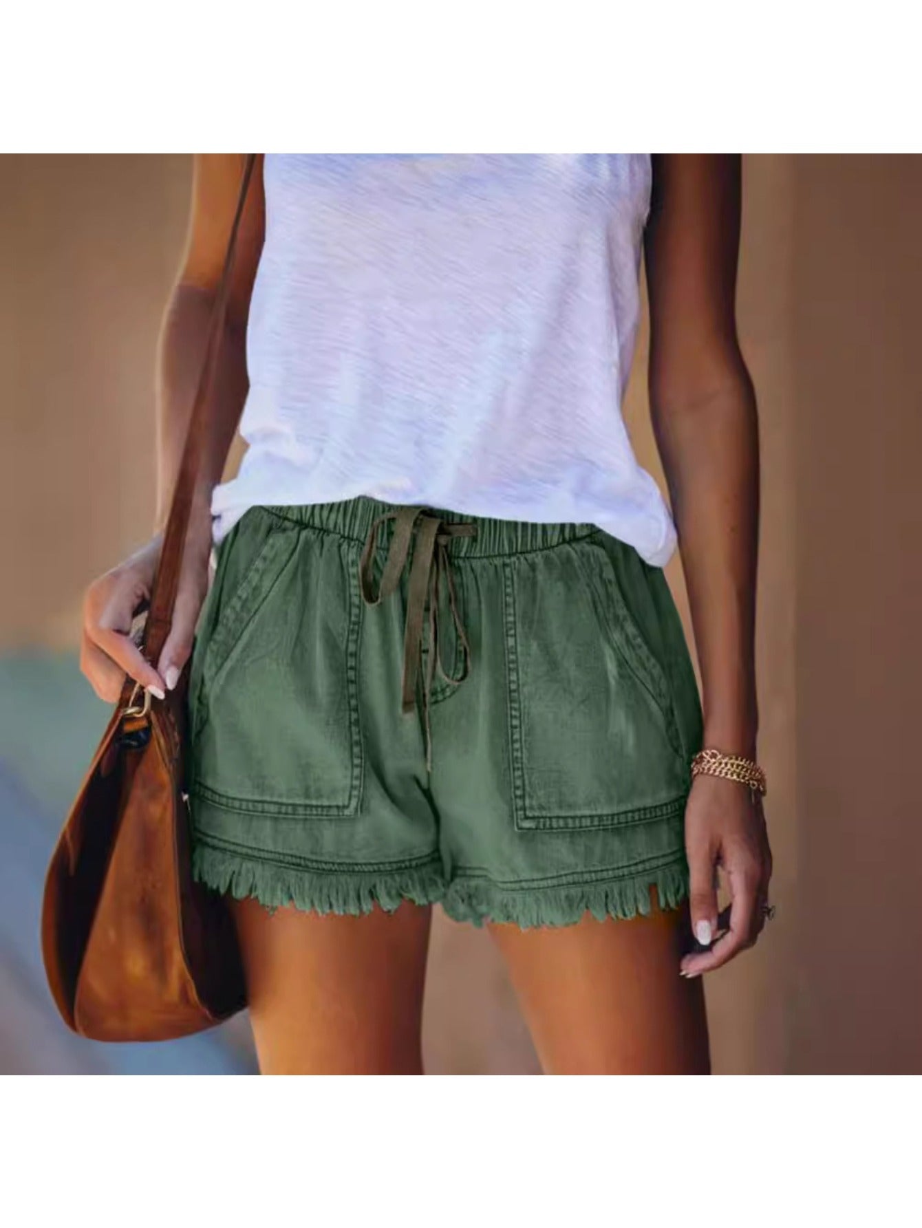 Elastic Waist High Rise Denim Shorts Women'S Hem Fringe Shorts Comfort Stretch Fit Casual Summer Bottoms