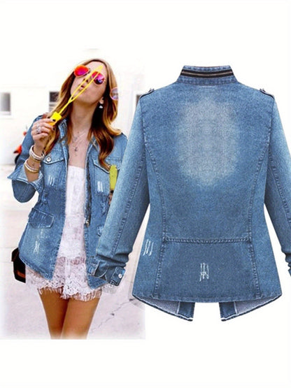 [Denim Jacket Women] Denim Jacket for Women with a Short Round Neck And Three-Quarter Sleeves, Perfect for Casual Daily Outfits, Shopping, And Spring to Autumn Wear, Available in Sizes S to XXL