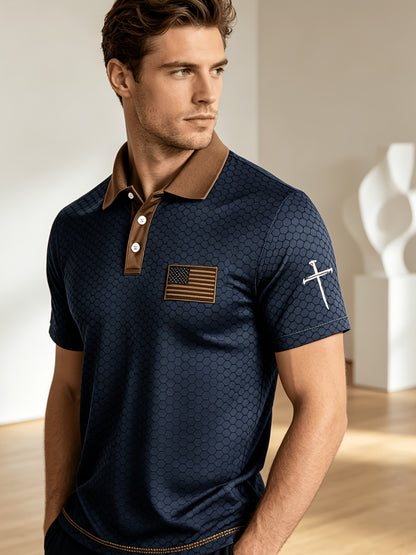 American Flag Gradient Cross Print Polo Shirt for Men's Casual Lapel Short Sleeved Patriotic Themed Commuting Top, American Flag Armband Contrasting Striped Short Sleeved Casual Business Lapel Top