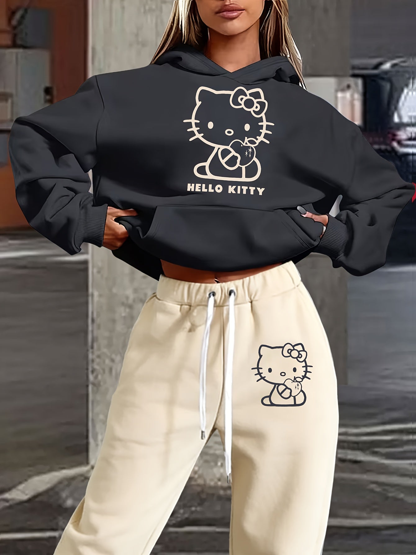 Women's Autumn and Winter Fashion Casual Sweater Casual Pants 2pcs Set, Printed with Sanrio Hello Kitty Pattern Print Design, Women's Casual Pants Set, Fashion Hooded Sweater + Drawstring Trousers 2pcs Set, Loose Version