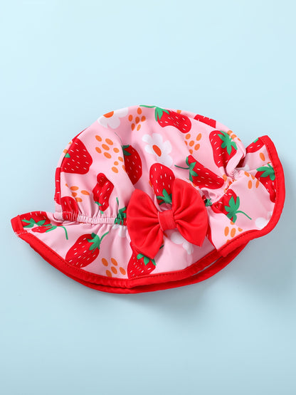 Baby Girl Swimsuit One-Piece Long Sleeved Sunscreen Suit with Hat Set Zipper Swimsuit Cute Strawberry Flower Mermaid Flamingo Beach Outfit