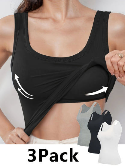3pcs Solid Color Stretch KnitTank Top, Bottoming Vest T-shirt, Built-in Padded Cups- Regular Length, Round Neck, Casual SportswearWomen'S Comfort Fit Casual Sports Bra With Breathable Fabric- Black&White&Grey