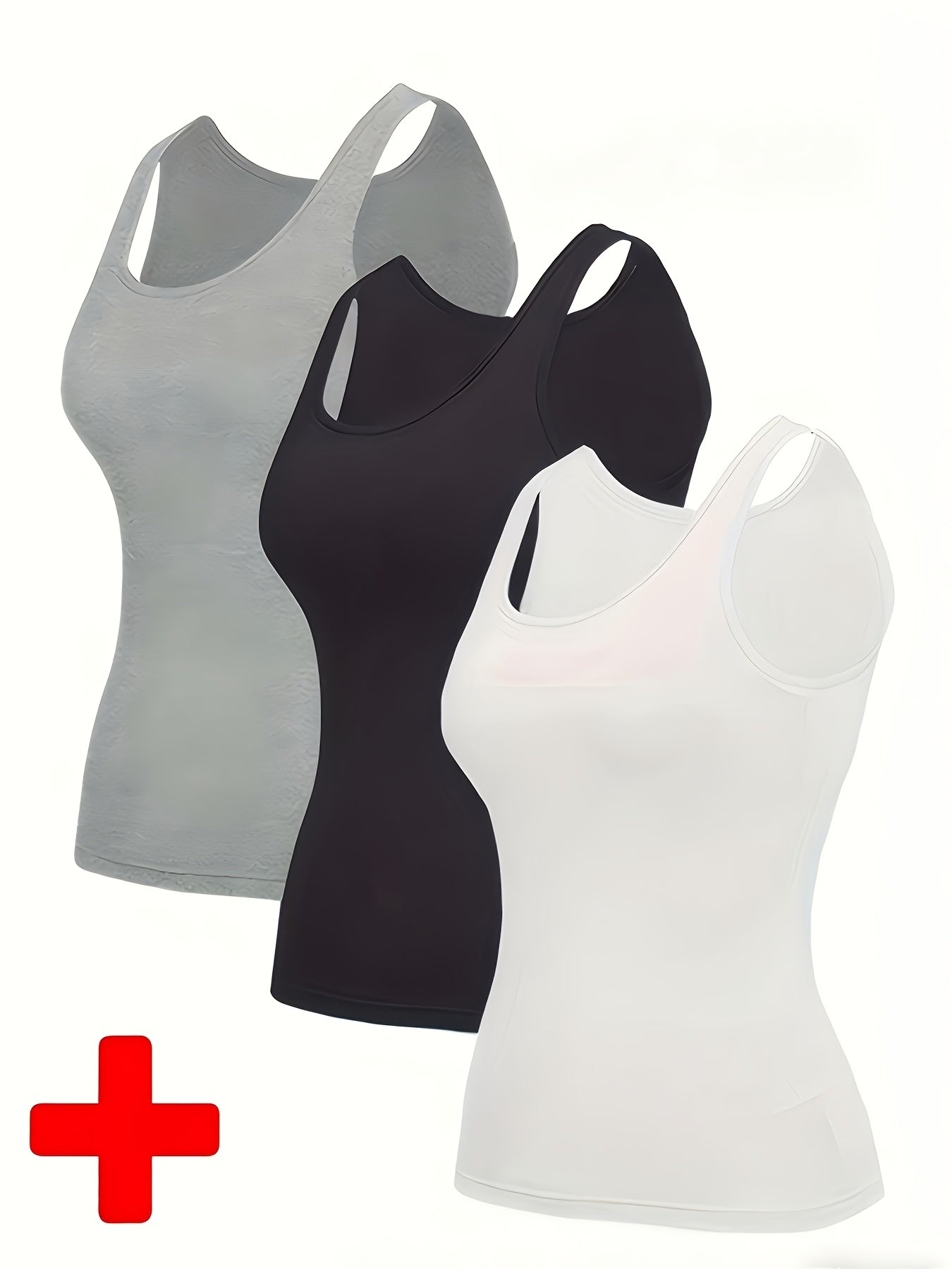 3pcs Pack Women's Camisoles with Built-In Bra - Wire-Free Padded, Breathable Elastic Tank Shirts Suitable for Yoga, Layering Undershirts, Non-Removable Chest Pads, Basic Plain Lingerie for Casual Attire & Underwear