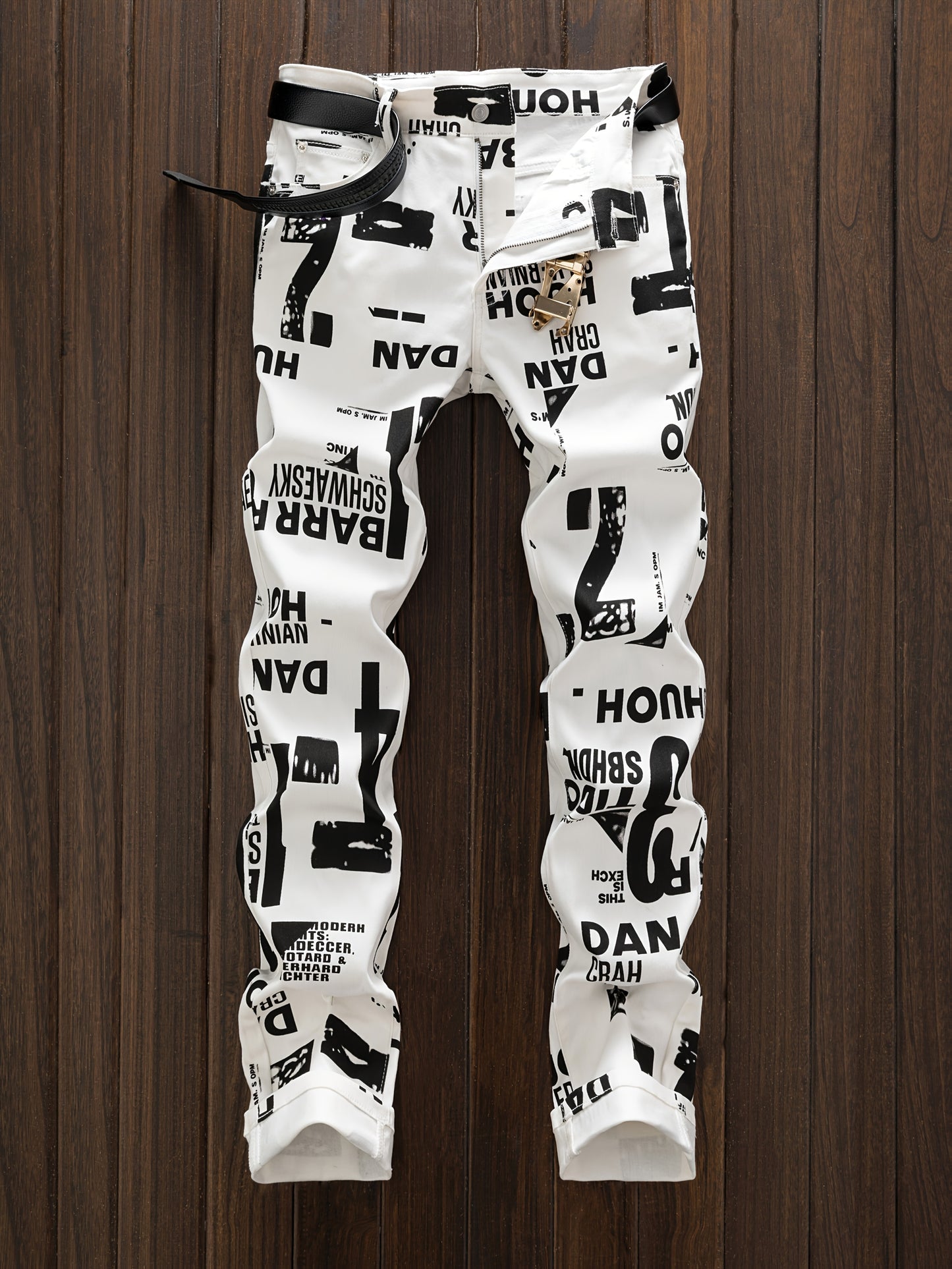Men'S Slim-Fit Streetwear Straight-Leg Jeans with Bold Letter Print - Black & White Casual Denim Pants for All Seasons, Comfortable and Stylish, Street Style Pants|Sleek Jeans|Durable Denim