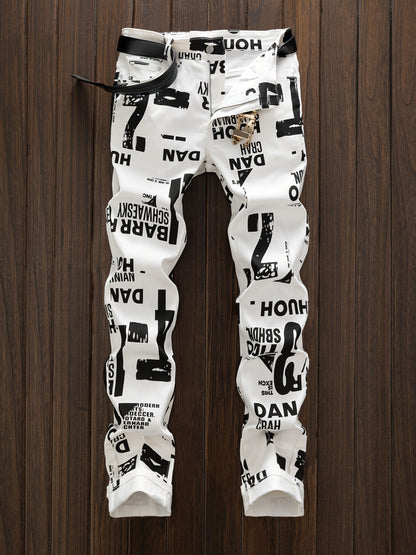 Men'S Slim-Fit Streetwear Straight-Leg Jeans with Bold Letter Print - Black & White Casual Denim Pants for All Seasons, Comfortable and Stylish, Street Style Pants|Sleek Jeans|Durable Denim