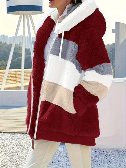 Women's Comfortable Plush Faux Hooded Jacket - Fall/Winter Warm Coat, Zipper Closure, Color Block Design, Soft Breathable Lining, Elegant | Plush Polyester, Local Warehouse, 2026 New Arrival