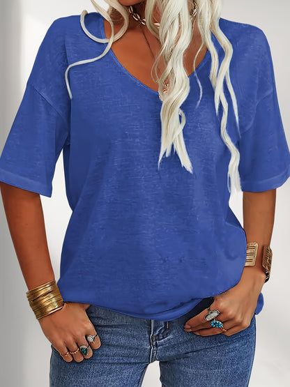 Women Fashion V-Neck Half Sleeves Oversized T Shirt Solid Casual Loose Basic Tops