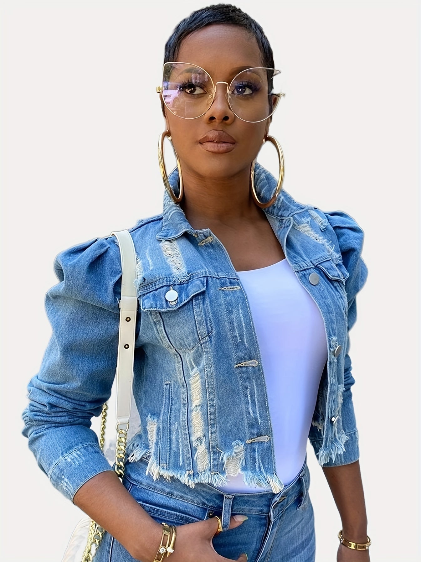Women's Ripped Denim Jacket Casual Long Puff Sleeve Button Cropped Jean Coats for Women