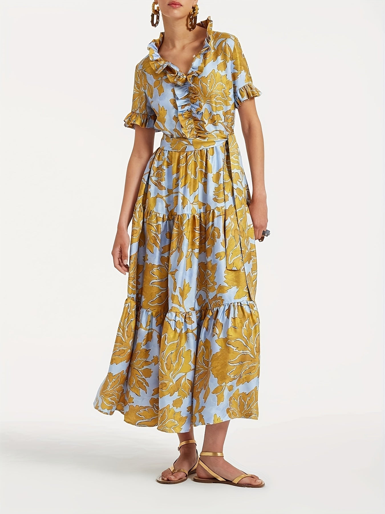 Faux Tencel Blue/Yel Floral Print Short Sleeve Tie Layered Maxi Dress, Faux Tencel Fabric, Ruffles at Chest, V-Neck, Belted Waist, Two Side Slit Pockets, Short Sleeves, Tiered Skirt, Straight Hem