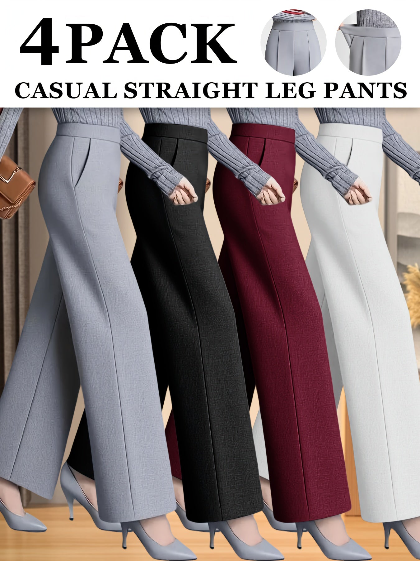 4pcs Spring And Summer Women'S New Slim Fit Narrow Version Casual Elegant Solid Color Women'S Trousers High Waist Slim Fit Comfortable Professional Formal Straight Tube Hanging Feeling High-end Design Suit Pants