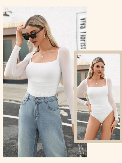 Women'S Square Neck Mesh Long Sleeve Bodysuit Shirts Ruched Body Suit Sexy Sheer Tops Date Night Outfit