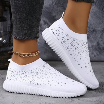 Women's Rhinestone Slip On Sneakers Sparkly Knit Walking Shoes Comfort Breathable Mesh Athletic Footwear Casual Bling Tennis Shoes Flat Loafers for Daily Wear Work Travel Trendy Lightweight Ladies