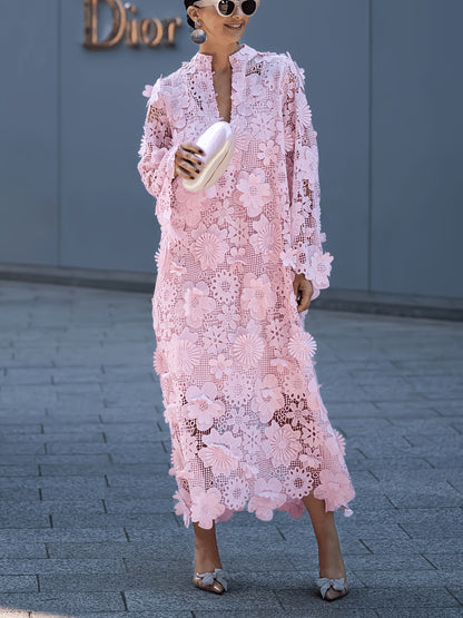 Elegant Women's Solid-Color Round-Neck Long-Sleeve Dress with Lace-Up 3D Floral Design Perfect for Parties, Weddings, Dates, Travel, And Commuting