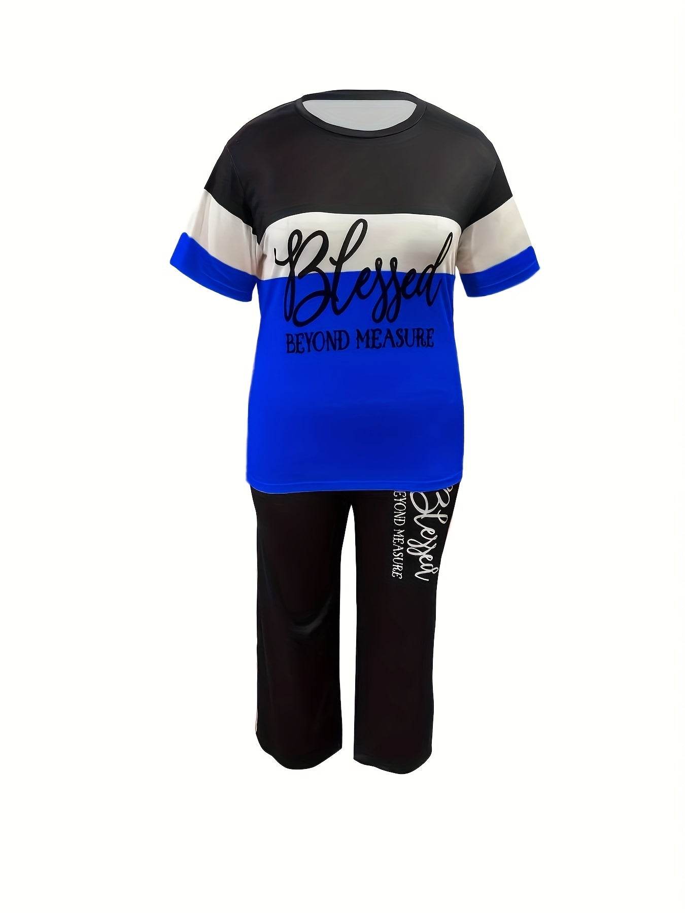 Plus Size, Ladies' Casual Short-sleeved Trousers Suit, Striped Print Letter Blessing, Loose Trousers with Pockets