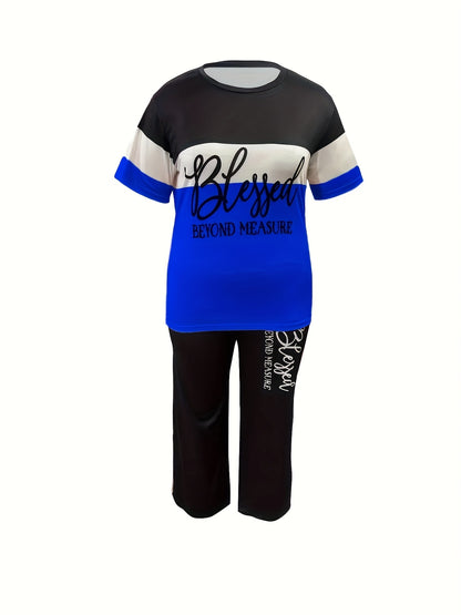 Plus Size, Ladies' Casual Short-sleeved Trousers Suit, Striped Print Letter Blessing, Loose Trousers with Pockets
