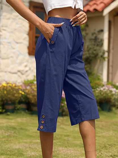 Casual Summer Capri Pants for Women with an Elastic Waistband, Featuring Pockets And Ideal for Work, Leisure, Or Beach Outings