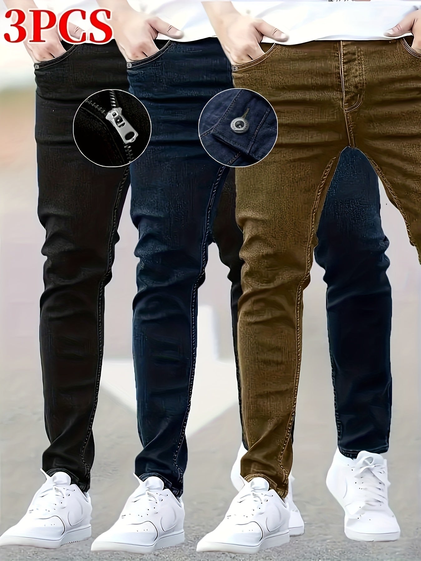 3pcs Men's Slim Fit Jeans - Heavy- Washed Streetwear Pants Suitable for All Seasons, Stretchable Basic Style with Washed, Year-Round Wear for Casual & -Casual Outfits