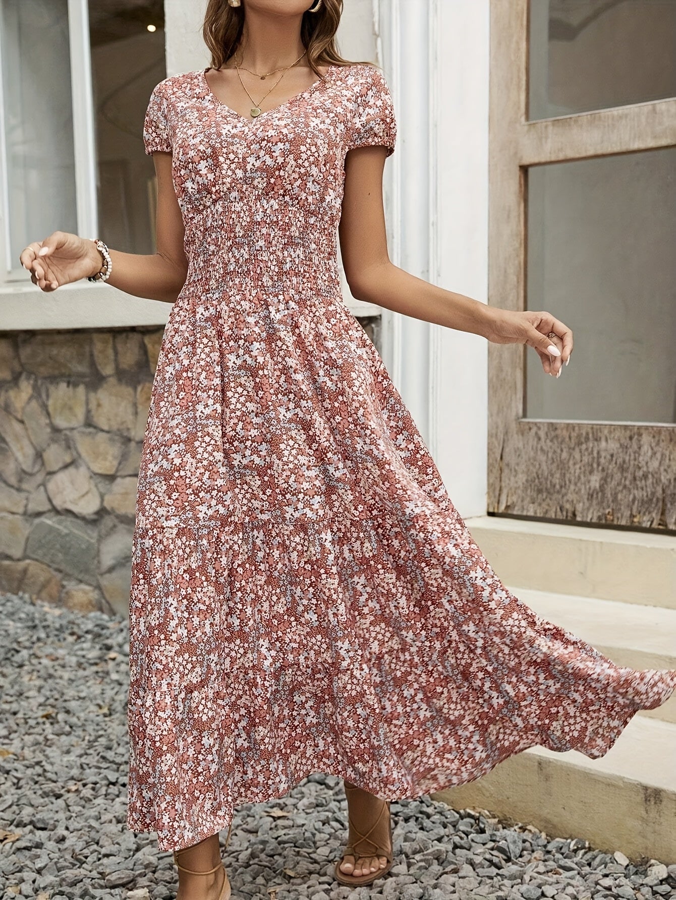 Floral V-Neck Dress for Women - Blossom Chic, Soft & Breathable Polyester, Machine Washable, Easy Care, Perfect for Spring, Summer, and Fall Occasions, Casual Attire, and Outdoor