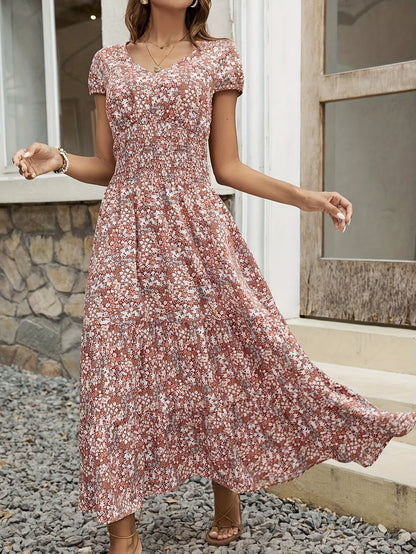 Floral V-Neck Dress for Women - Blossom Chic, Soft & Breathable Polyester, Machine Washable, Easy Care, Perfect for Spring, Summer, and Fall Occasions, Casual Attire, and Outdoor