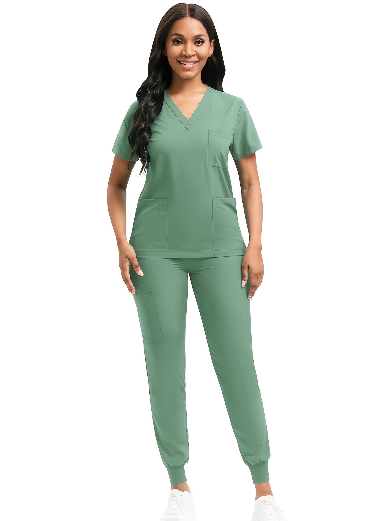 [Scrub Suit Set] Scrub Suit Set For Women Modern V-Neck Top T-Shirt & Tapered Leg Jogger Pants With Drawstring 2pcs Set Nursing Uniforms Set Suitable For Pet Hospitals, Dental Clinics, Nursing Work, Etc
