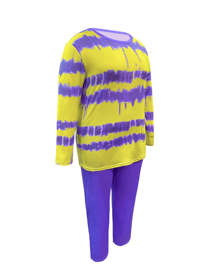 Plus Size - Plus-size Fashion Tie-dye Striped Print Long-sleeved Trousers Suit, Suitable For Going Out