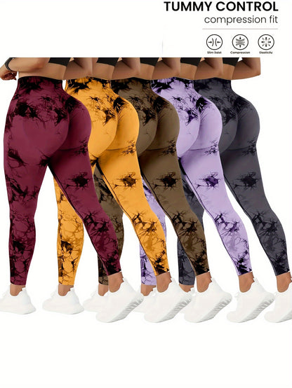 Set of 5 High-Waisted Yoga Pants for Women with Tummy Control, Summer Tie-Dye Fitness Leggings, Stretchy Running Tights for Peach Lift Workouts, Available in Various Colors